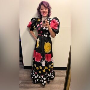 Busayo Bayo Puff Sleeve Cotton Maxi Dress Splash Paint Floral Print Large